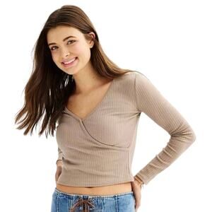 NWT juniors medium ribbed long sleeve wrap top neutral tan cowboy dust shirt